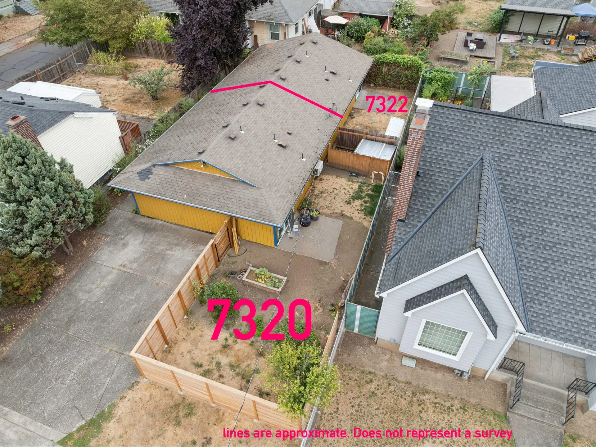 Aerial view showing both units (lot lines approximate)