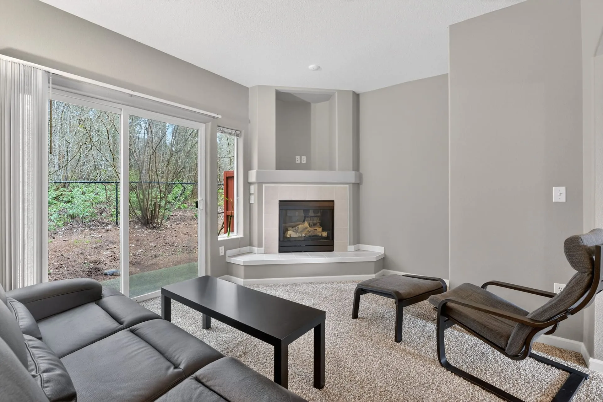 Living room fireplace and patio door