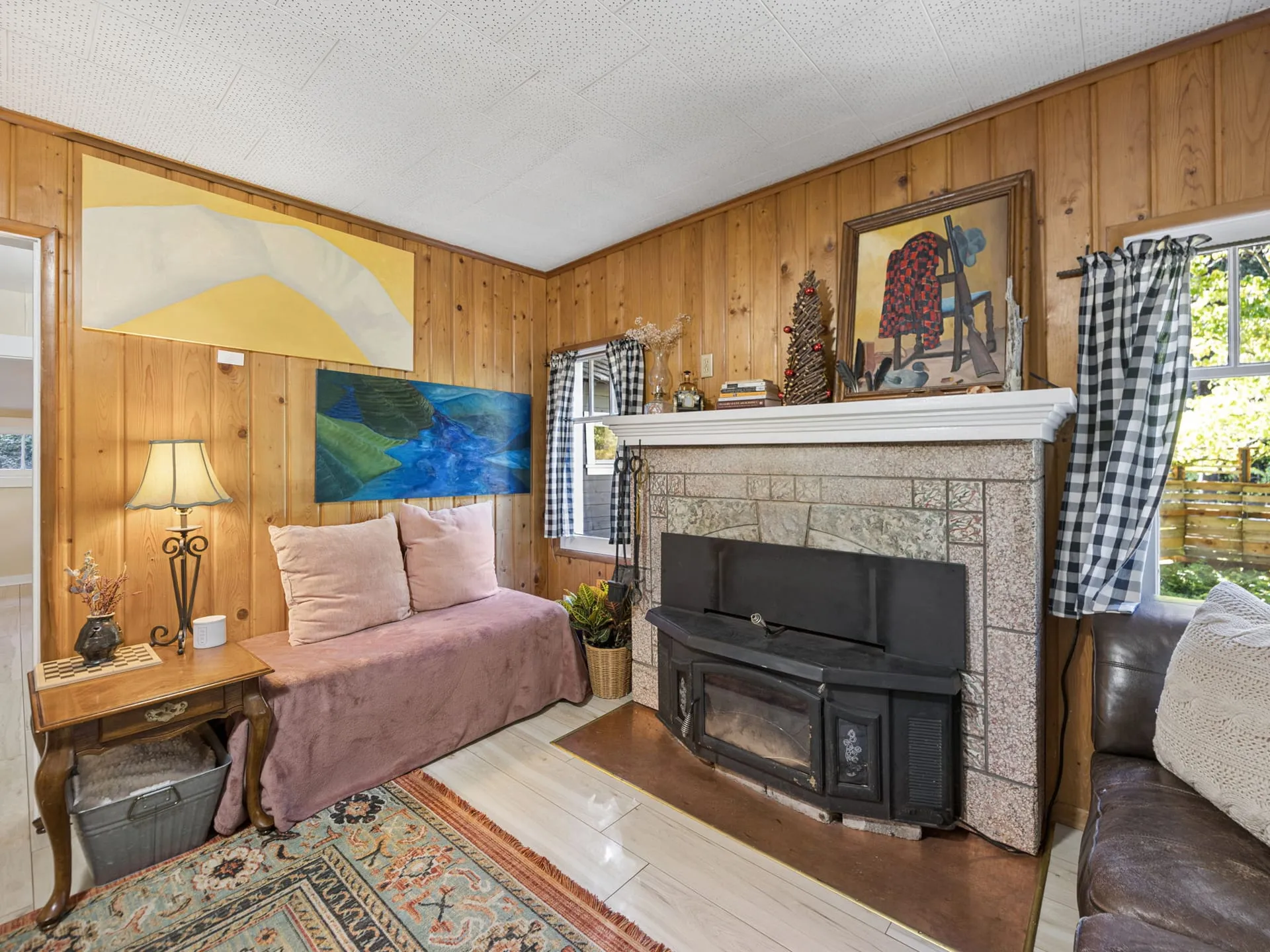 Wood-burning stove insert in the living room fireplace